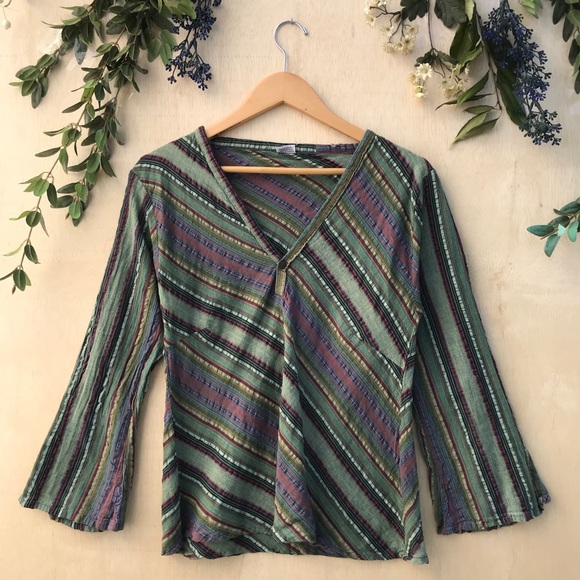 Indian Vneck Striped Textured Long Sleeve Top - Picture 7 of 7